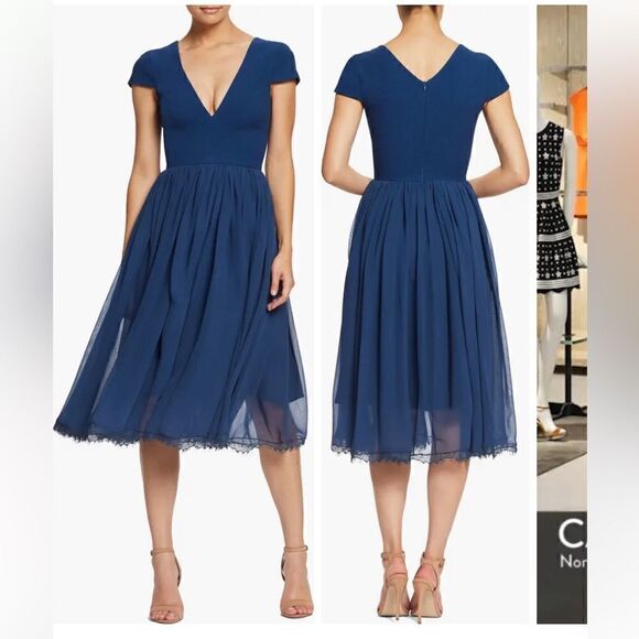 Dress The Population Corey Chiffon Fit & Flare Cocktail Dress Size L Navy Blue - Picture 3 of 13